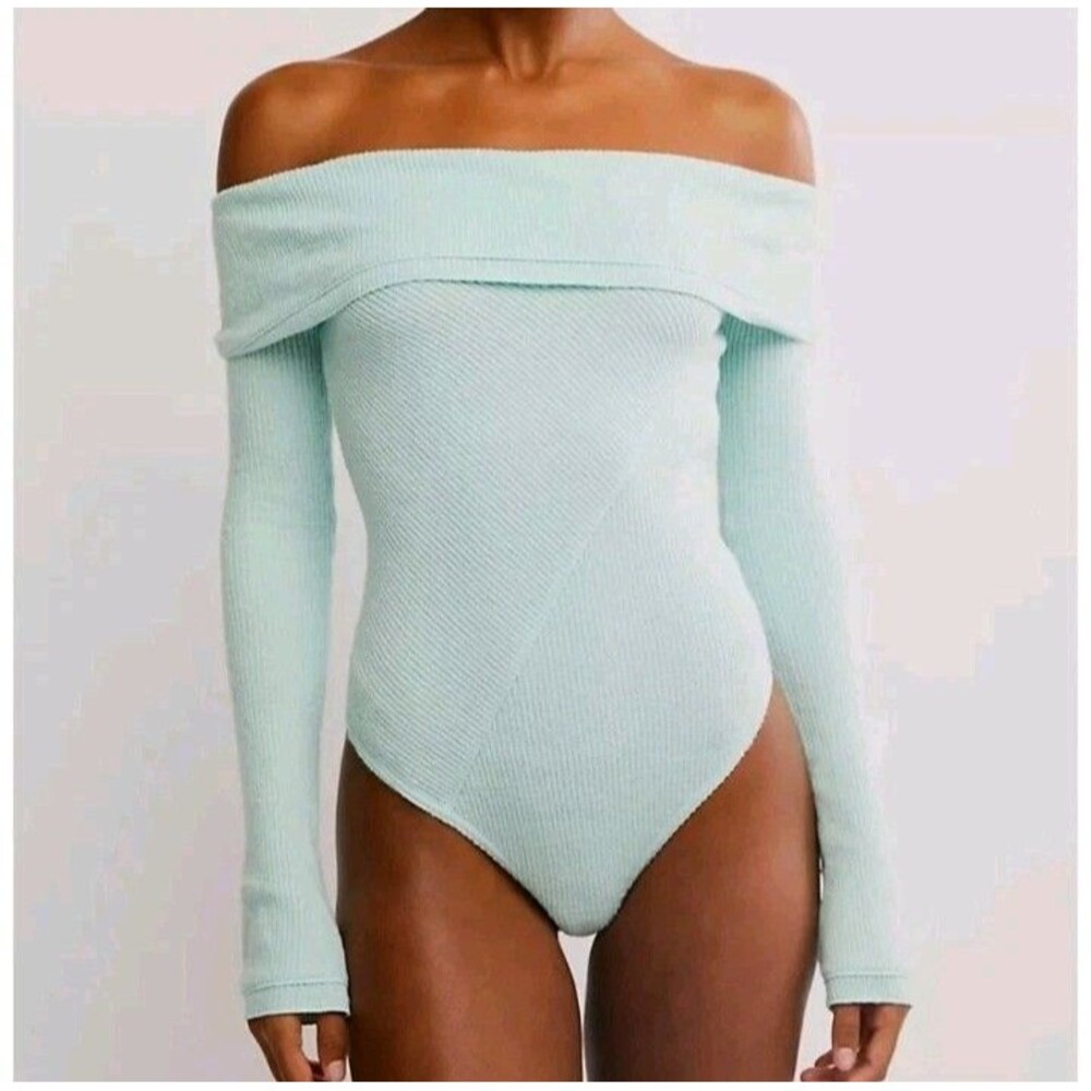 Intimately Free People Sz XS Light Green Off Shoulder Waffle Knit Bodysuit